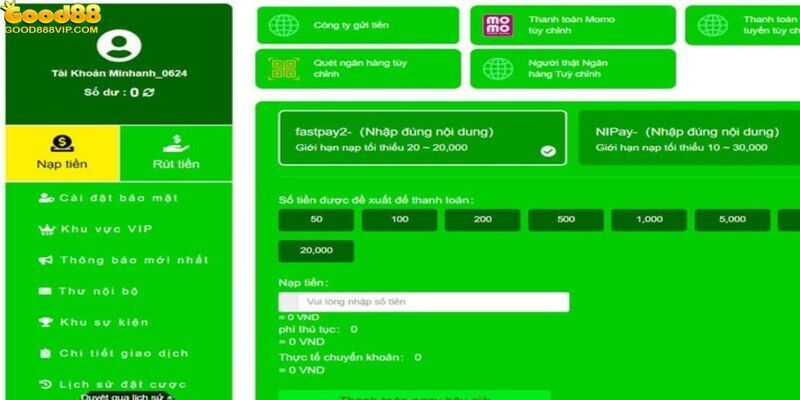 Nạp tiền Good88 nhanh chóng qua ngân hàng